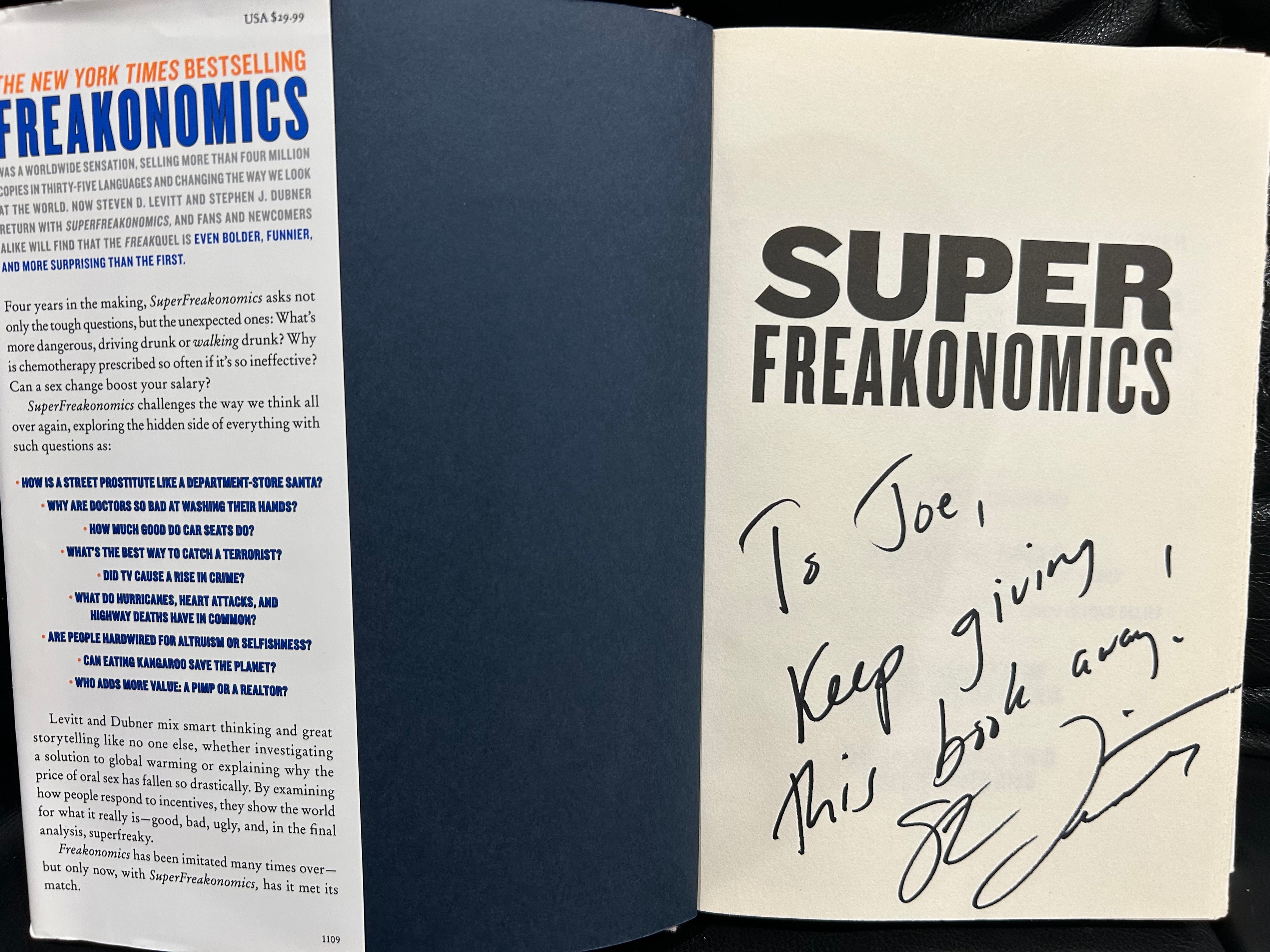 Signed copy of SuperFreakonomics inscribed to Joe Sharp